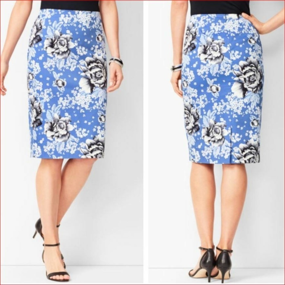 Talbots Petites Blue Floral Pencil Skirt Cotton Spandex 4P 0280300